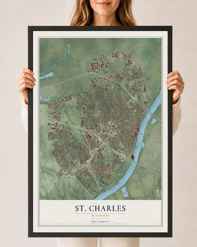 Map of St. Charles, Missouri, 24 x 36 inch print in a black wood frame