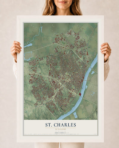Map of St. Charles, Missouri, 24 x 36 inch print in a white wood frame