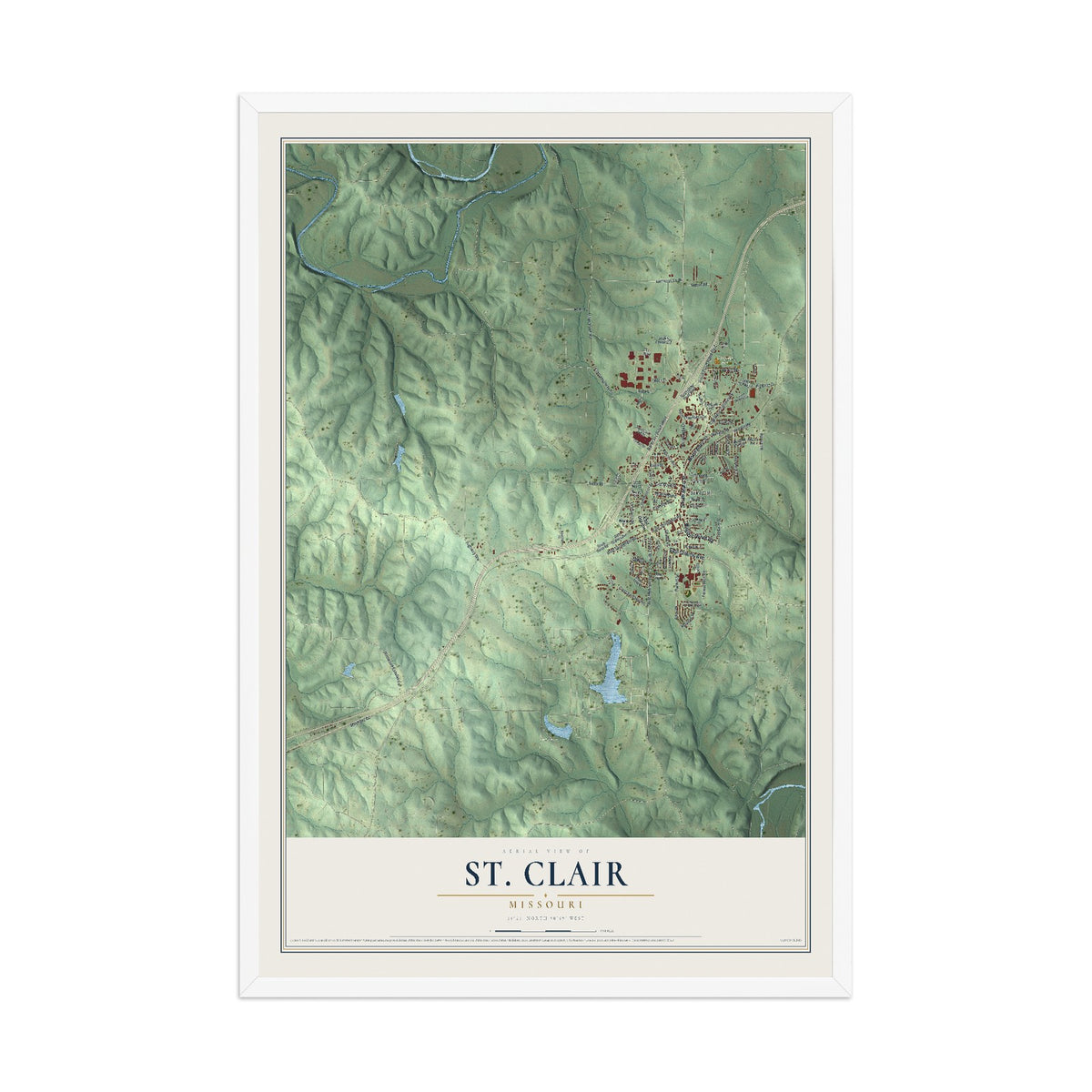 Map of St. Clair, Missouri, 12 x 18 inch print in a white wood frame