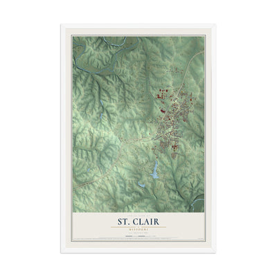 Map of St. Clair, Missouri, 12 x 18 inch print in a white wood frame