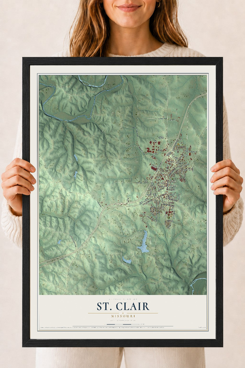 Map of St. Clair, Missouri, 18 x 24 inch print in a black wood frame