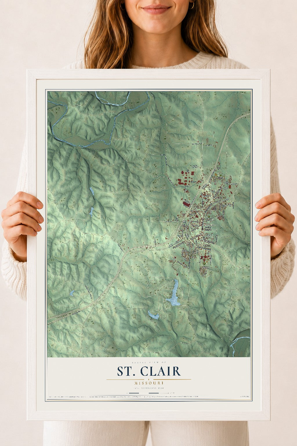 Map of St. Clair, Missouri, 18 x 24 inch print in a white wood frame