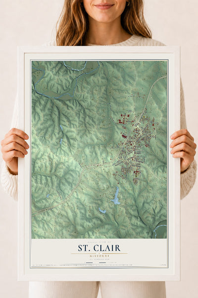 Map of St. Clair, Missouri, 18 x 24 inch print in a white wood frame