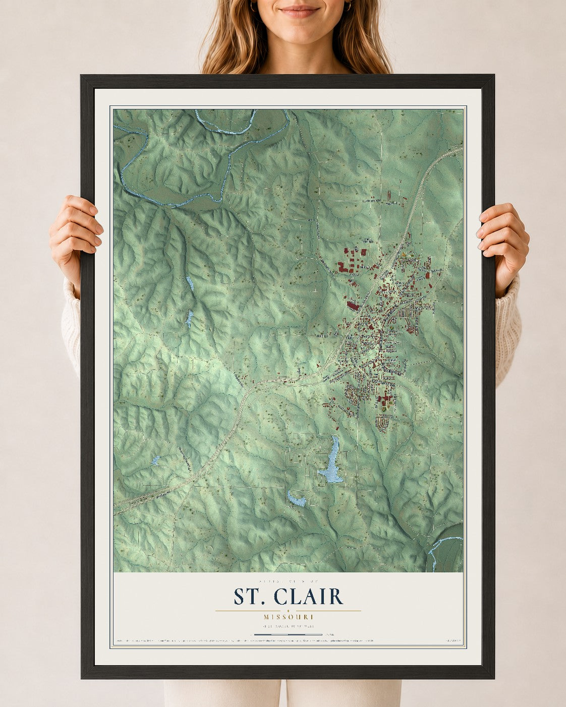 Map of St. Clair, Missouri, 24 x 36 inch print in a black wood frame