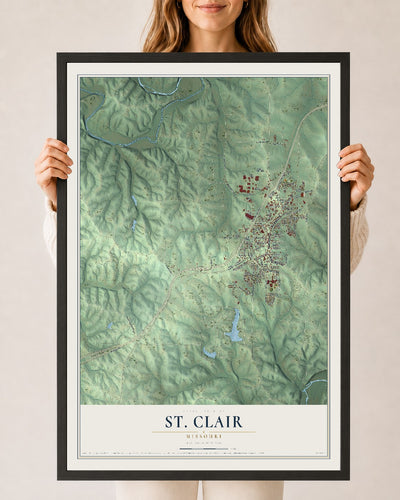 Map of St. Clair, Missouri, 24 x 36 inch print in a black wood frame