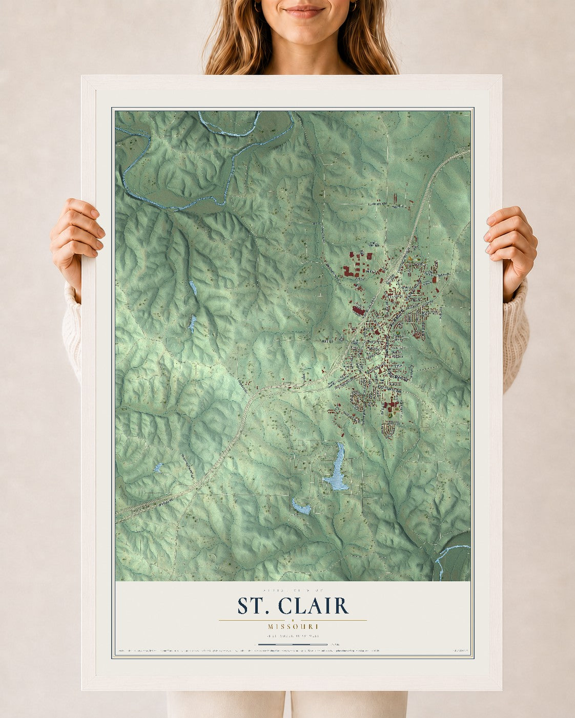 Map of St. Clair, Missouri, 24 x 36 inch print in a white wood frame