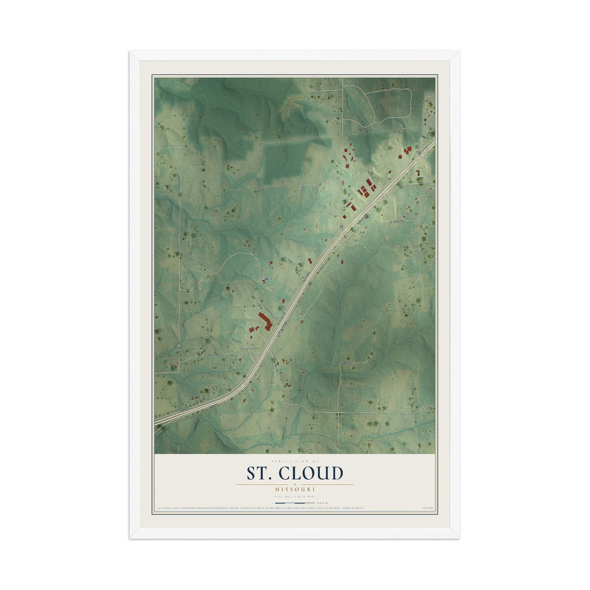 Map of St. Cloud, Missouri, 12 x 18 inch print in a white wood frame