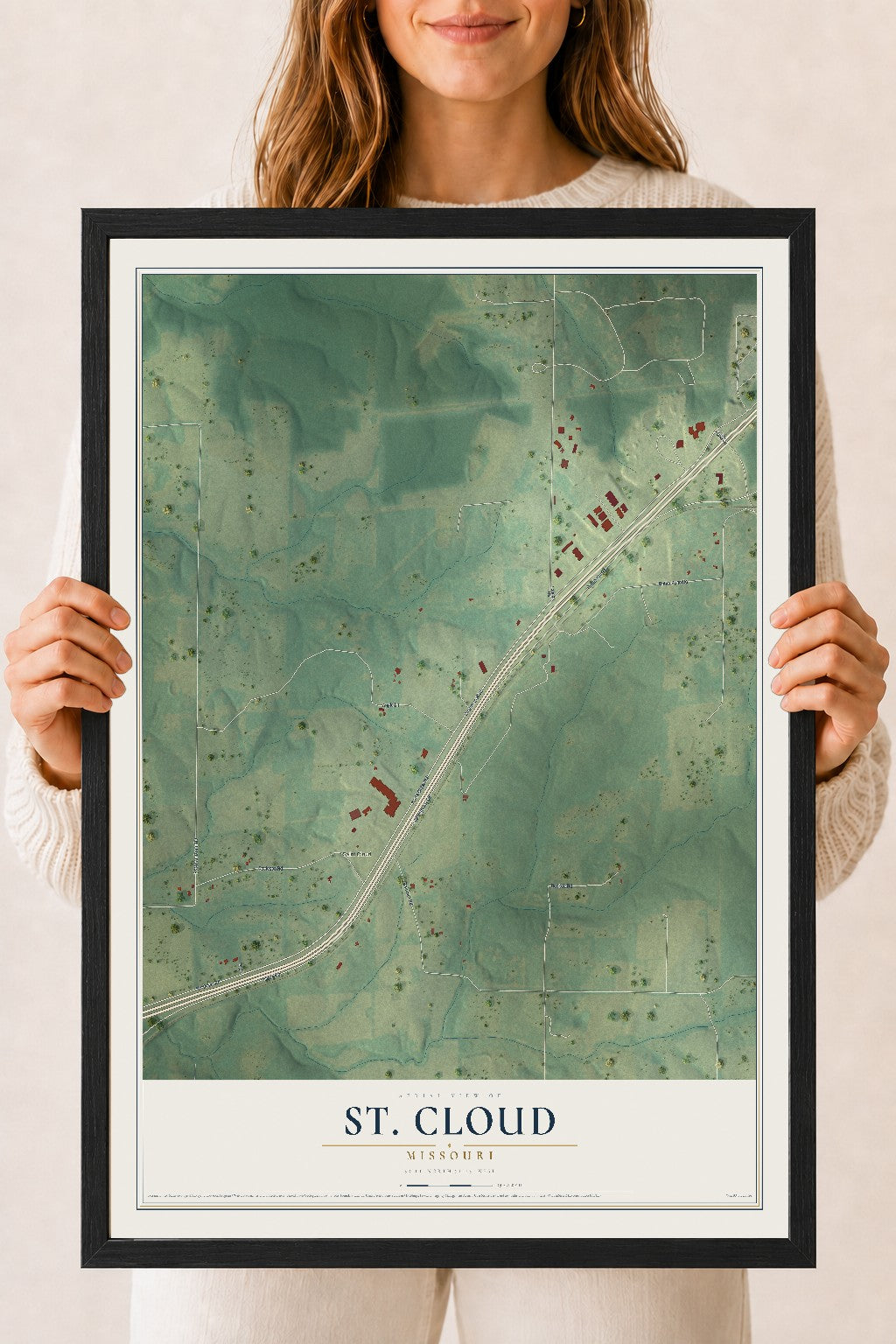 Map of St. Cloud, Missouri, 18 x 24 inch print in a black wood frame
