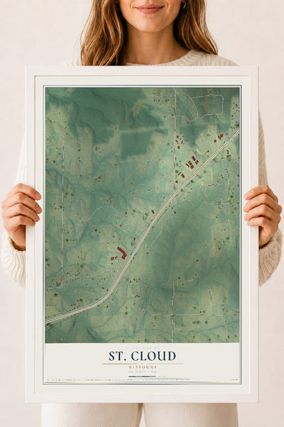 Map of St. Cloud, Missouri, 18 x 24 inch print in a white wood frame
