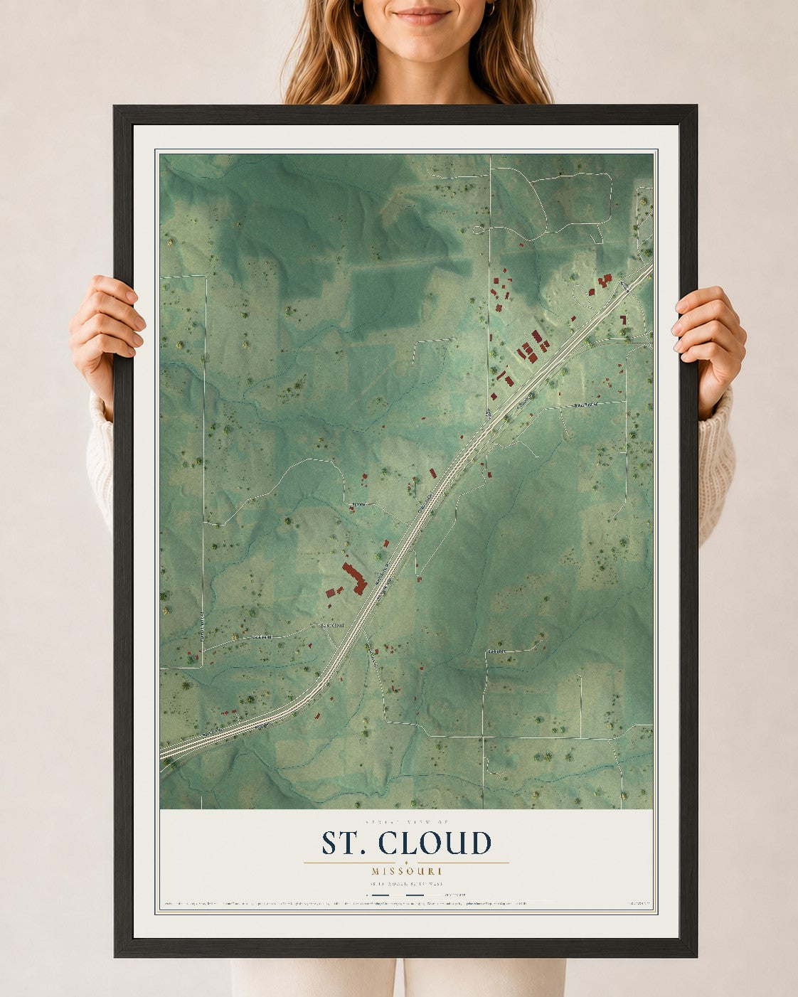 Map of St. Cloud, Missouri, 24 x 36 inch print in a black wood frame