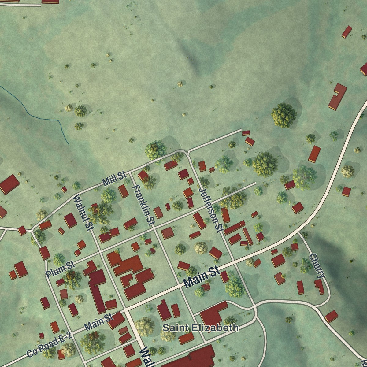 Close-up of the map of St. Elizabeth, Missouri print showing street and building detail
