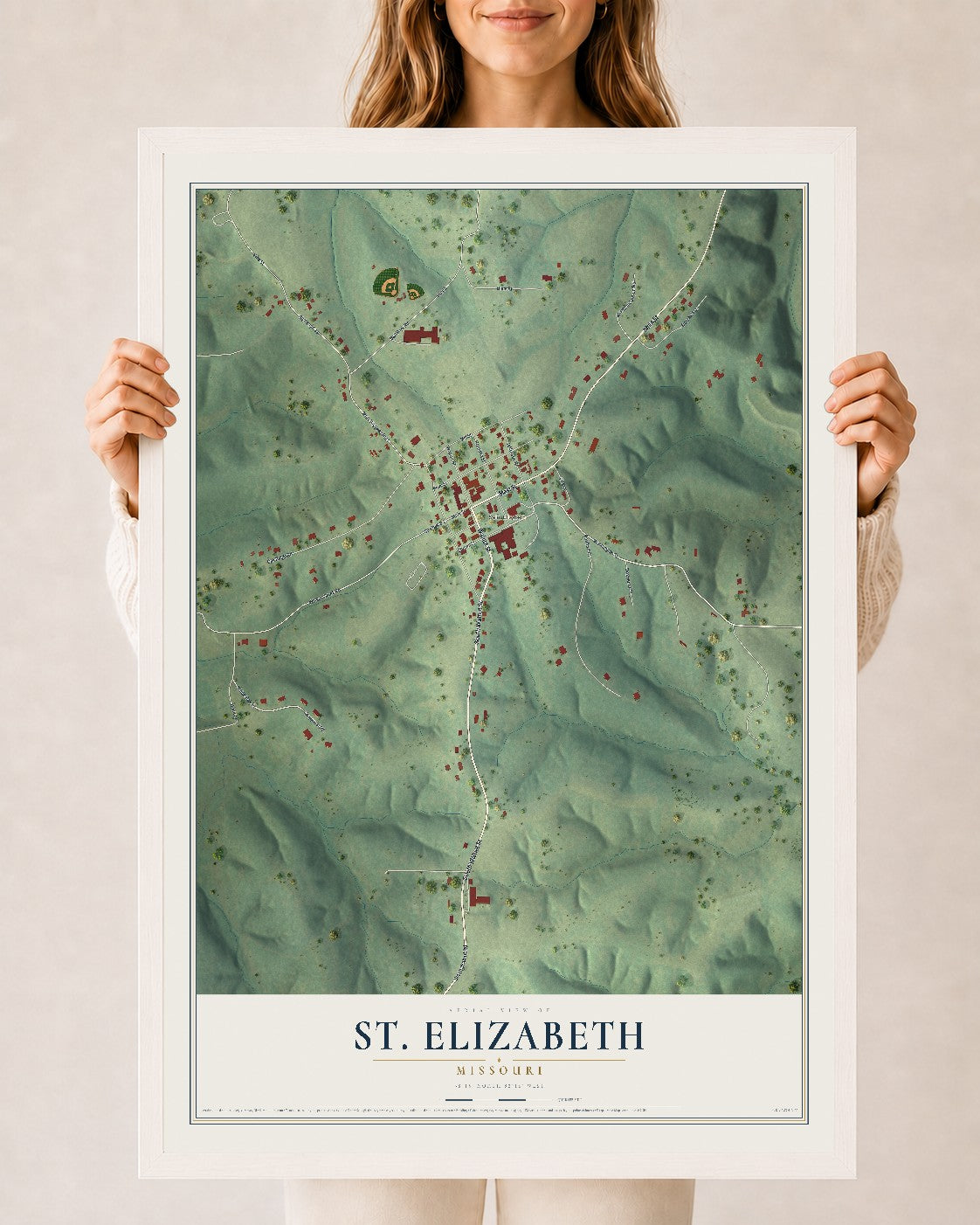 Map of St. Elizabeth, Missouri, 24 x 36 inch print in a white wood frame