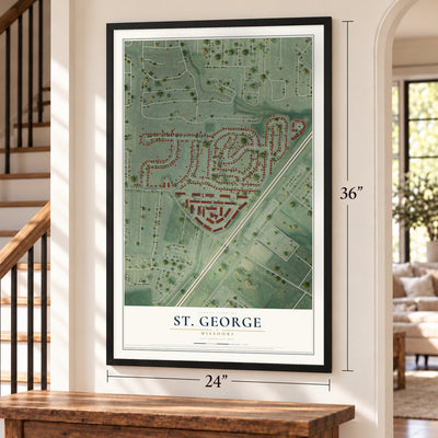 St. George, Missouri map, 24 x 36 inch print in a black frame by a staircase
