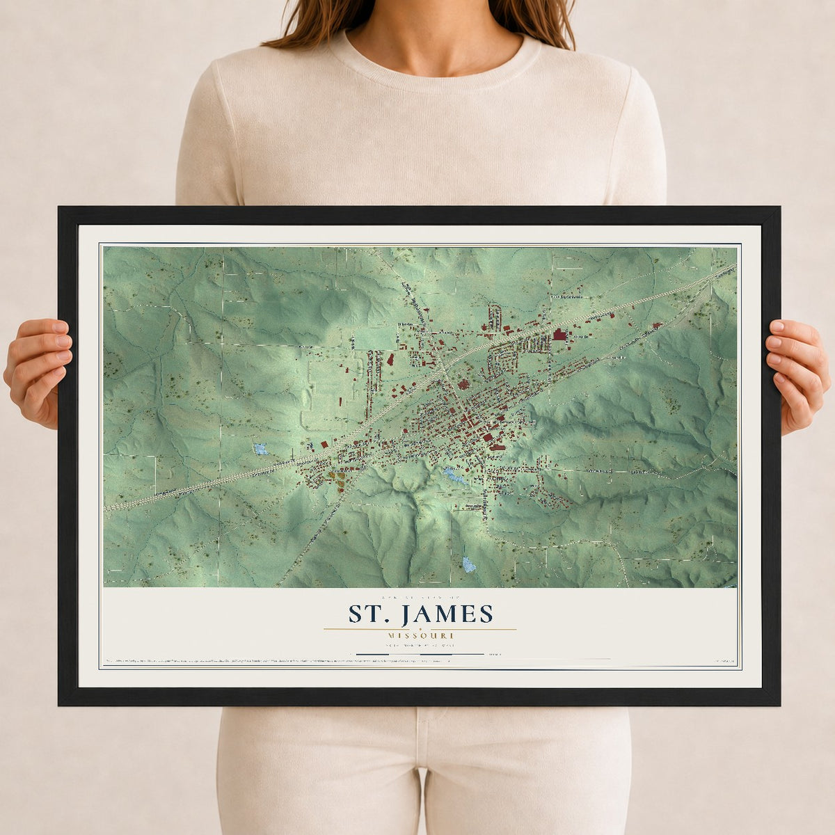 Map of St. James, Missouri, 12 x 18 inch print in a black wood frame