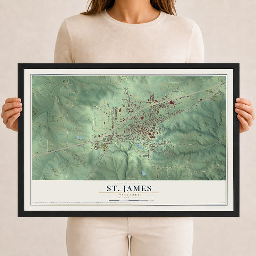 Map of St. James, Missouri, 12 x 18 inch print in a black wood frame