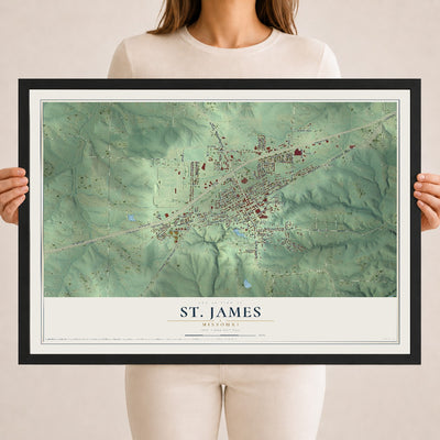 Map of St. James, Missouri, 18 x 24 inch print in a black wood frame