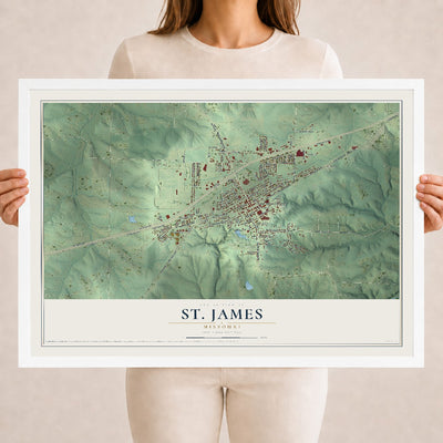 Map of St. James, Missouri, 18 x 24 inch print in a white wood frame