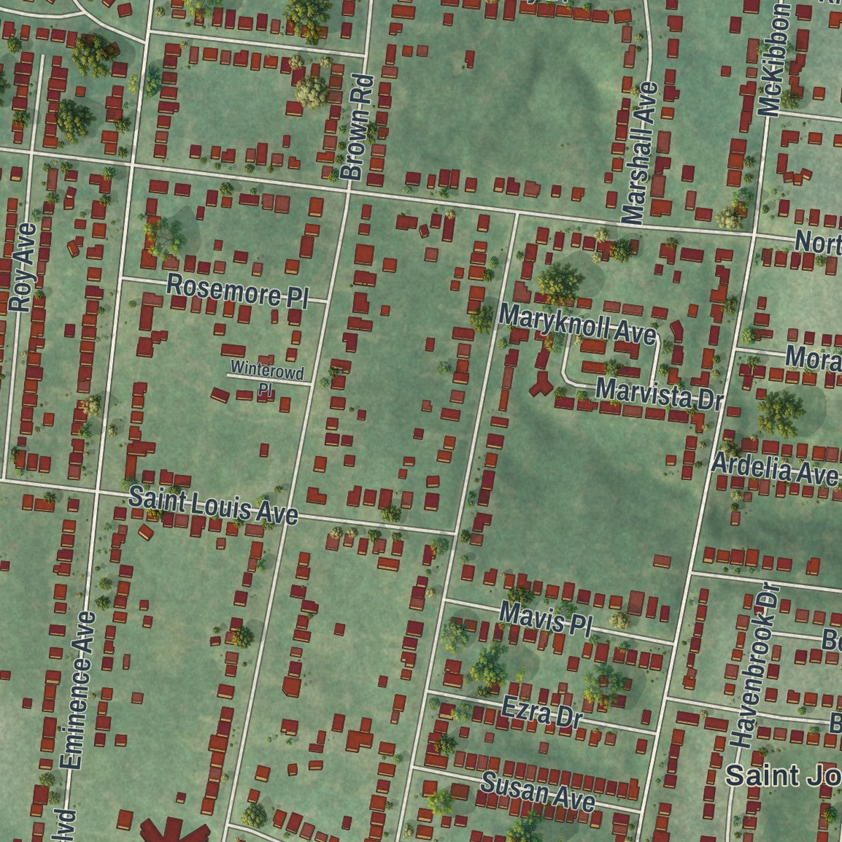Close-up of the map of St. John, Missouri print showing street and building detail