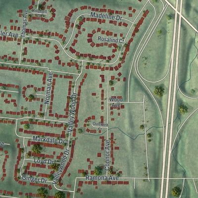 Second close-up of the map of St. John, Missouri print showing more streets and buildings