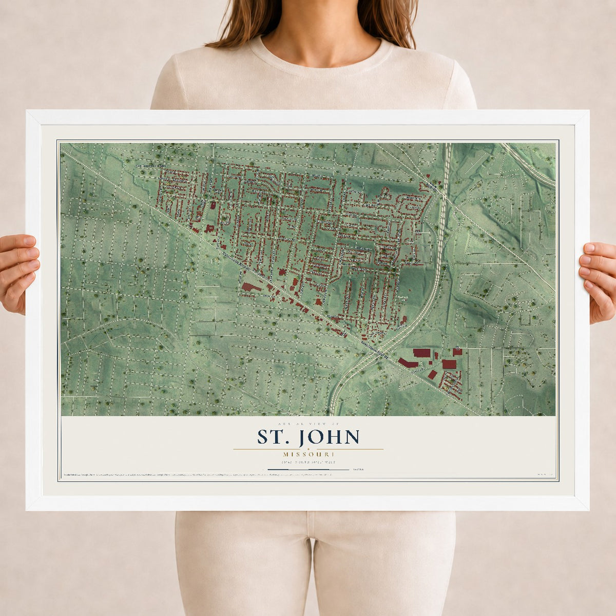 Map of St. John, Missouri, 18 x 24 inch print in a white wood frame
