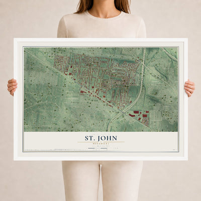 Map of St. John, Missouri, 24 x 36 inch print in a white wood frame