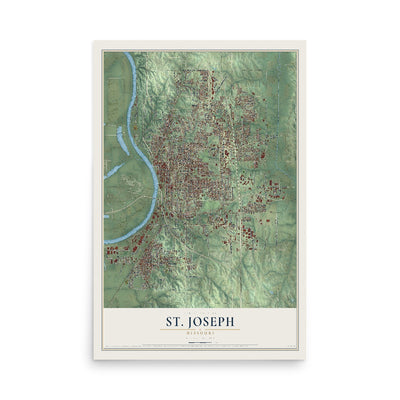 Map of St. Joseph, Missouri, 12 x 18 inch unframed archival matte print