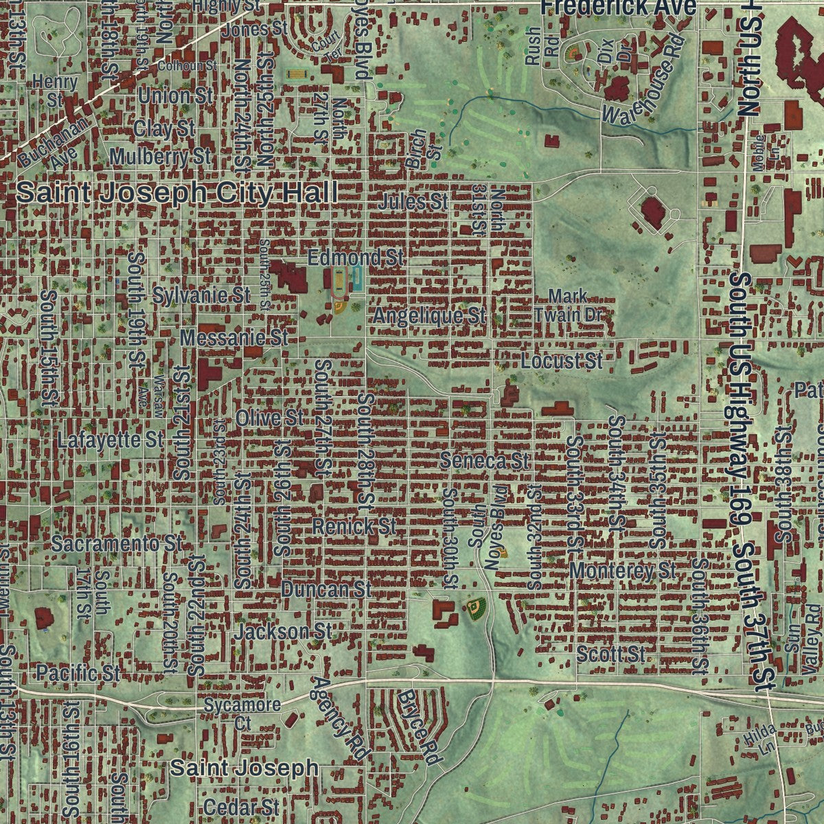 Close-up of the map of St. Joseph, Missouri print showing street and building detail