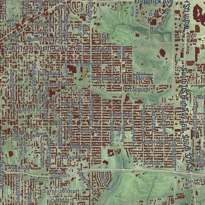 Close-up of the map of St. Joseph, Missouri print showing street and building detail