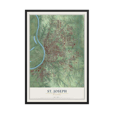 Map of St. Joseph, Missouri, 12 x 18 inch print in a black wood frame