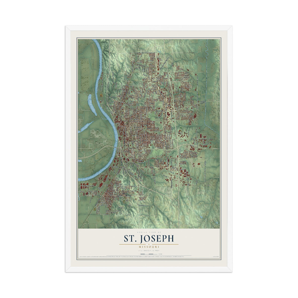 Map of St. Joseph, Missouri, 12 x 18 inch print in a white wood frame