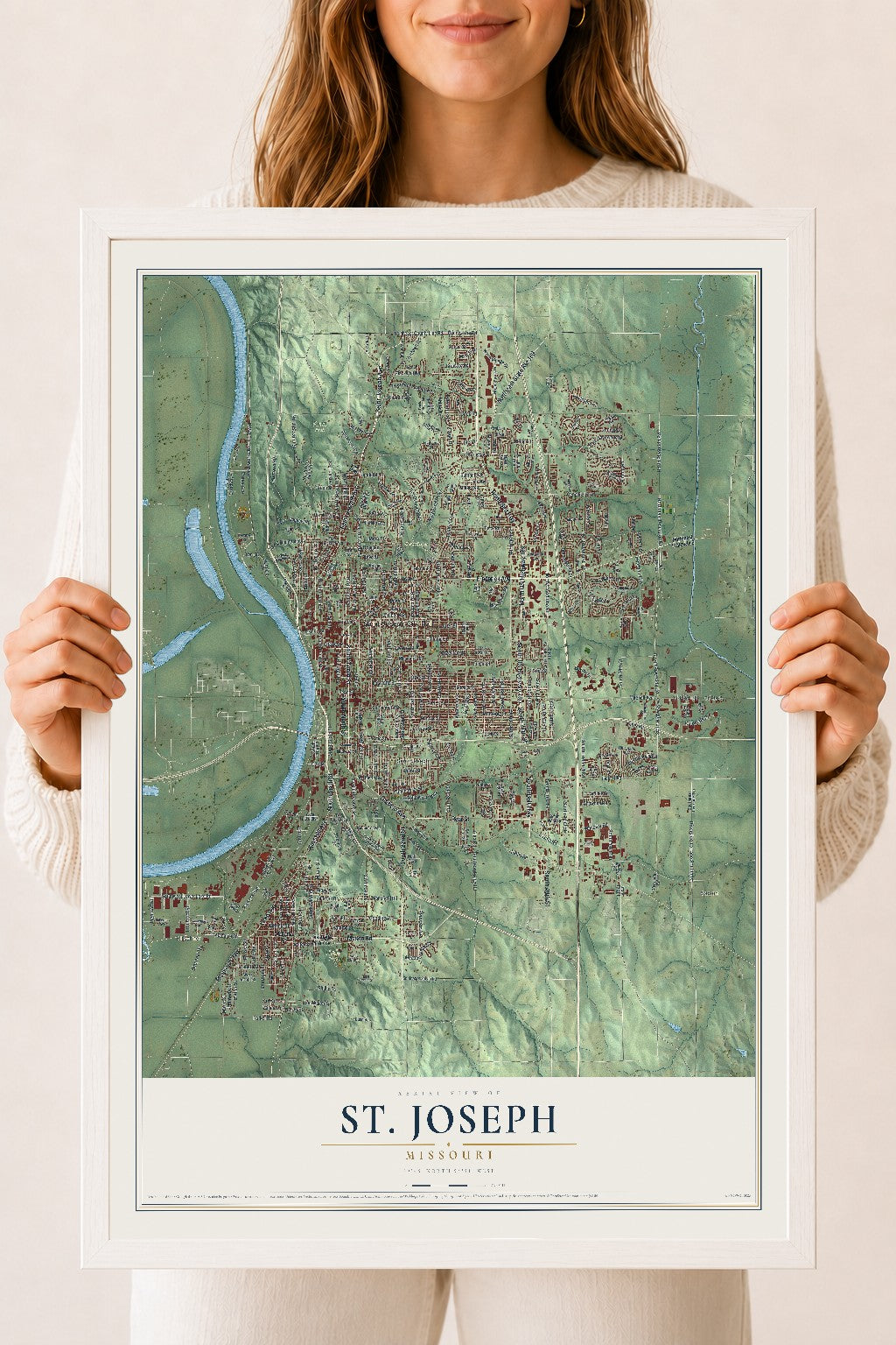 Map of St. Joseph, Missouri, 18 x 24 inch print in a white wood frame