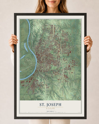Map of St. Joseph, Missouri, 24 x 36 inch print in a black wood frame