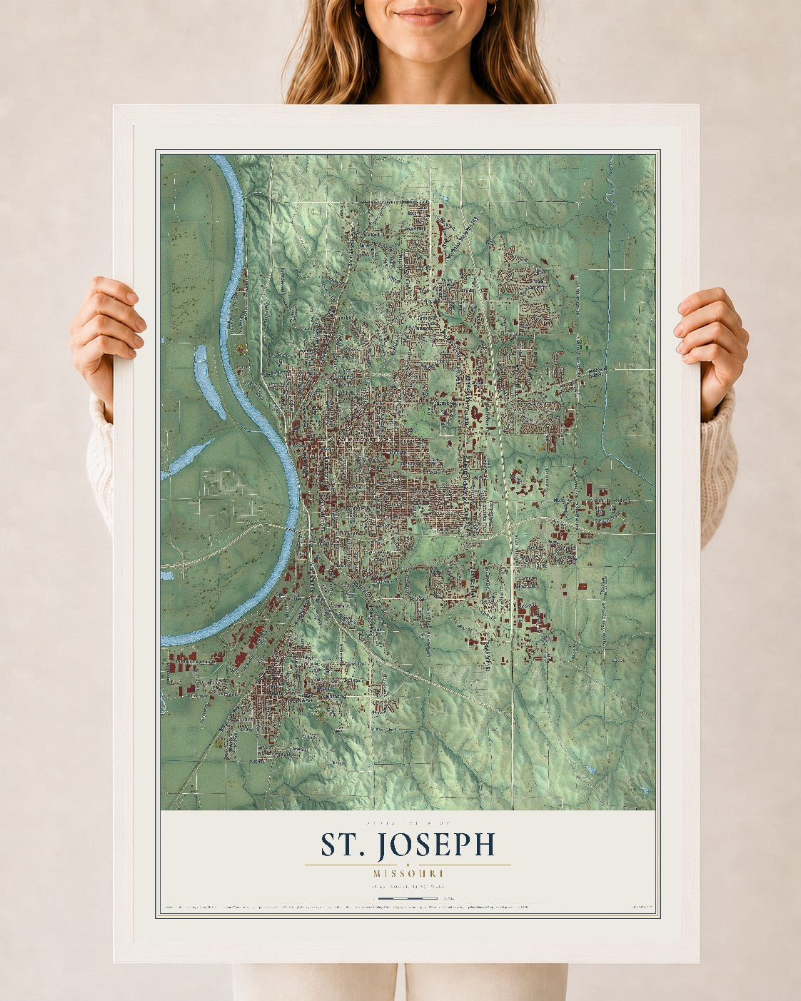 Map of St. Joseph, Missouri, 24 x 36 inch print in a white wood frame