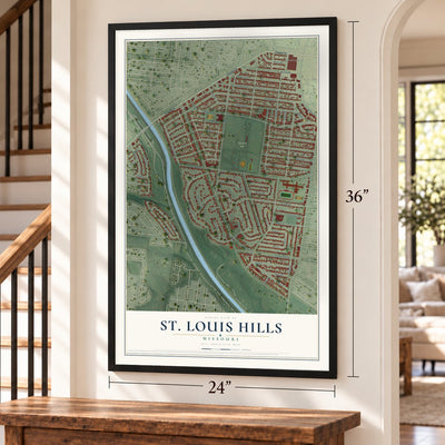 St. Louis Hills, Missouri map, 24 x 36 inch print in a black frame by a staircase