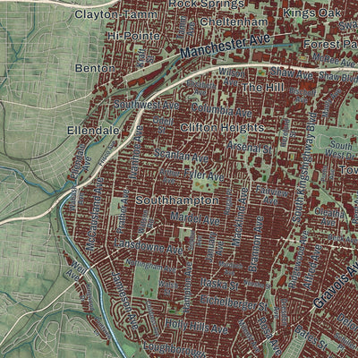 Second close-up of the map of St. Louis, Missouri print showing more streets and buildings
