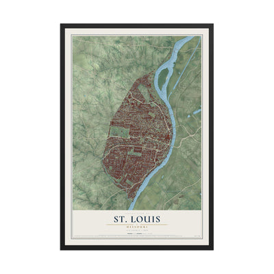 Map of St. Louis, Missouri, 12 x 18 inch print in a black wood frame