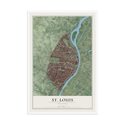 Map of St. Louis, Missouri, 12 x 18 inch print in a white wood frame