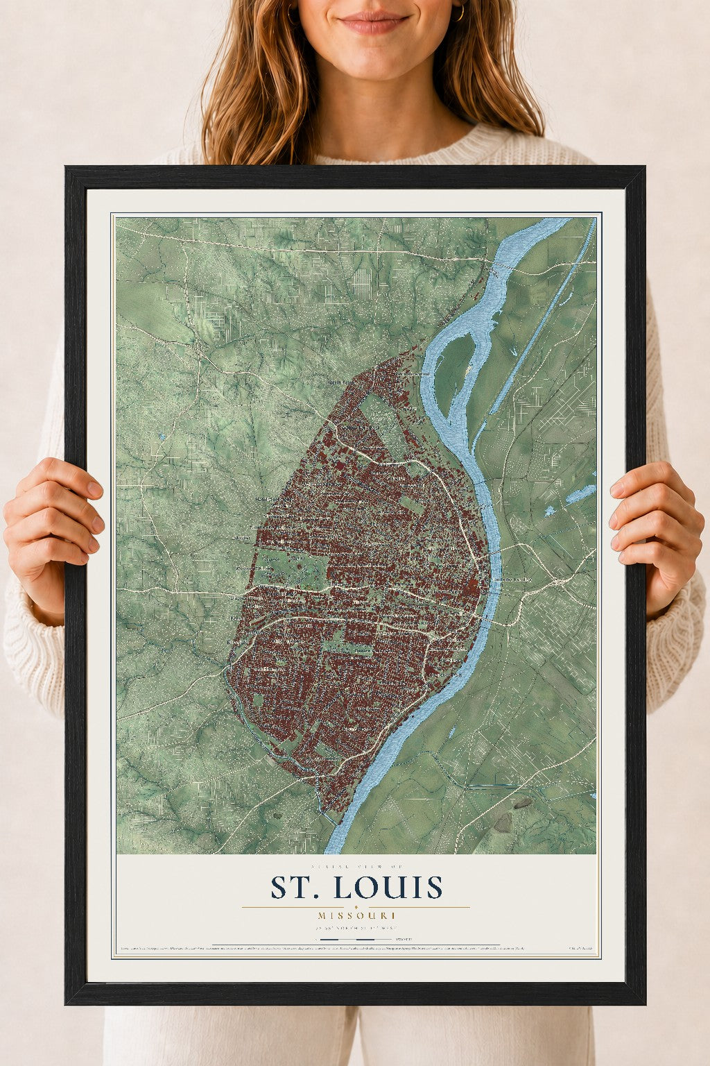 Map of St. Louis, Missouri, 18 x 24 inch print in a black wood frame