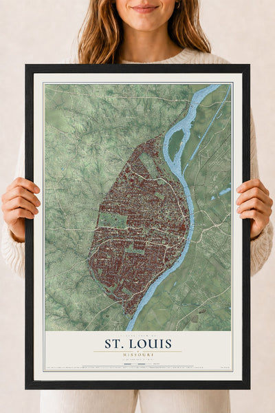 Map of St. Louis, Missouri, 18 x 24 inch print in a black wood frame