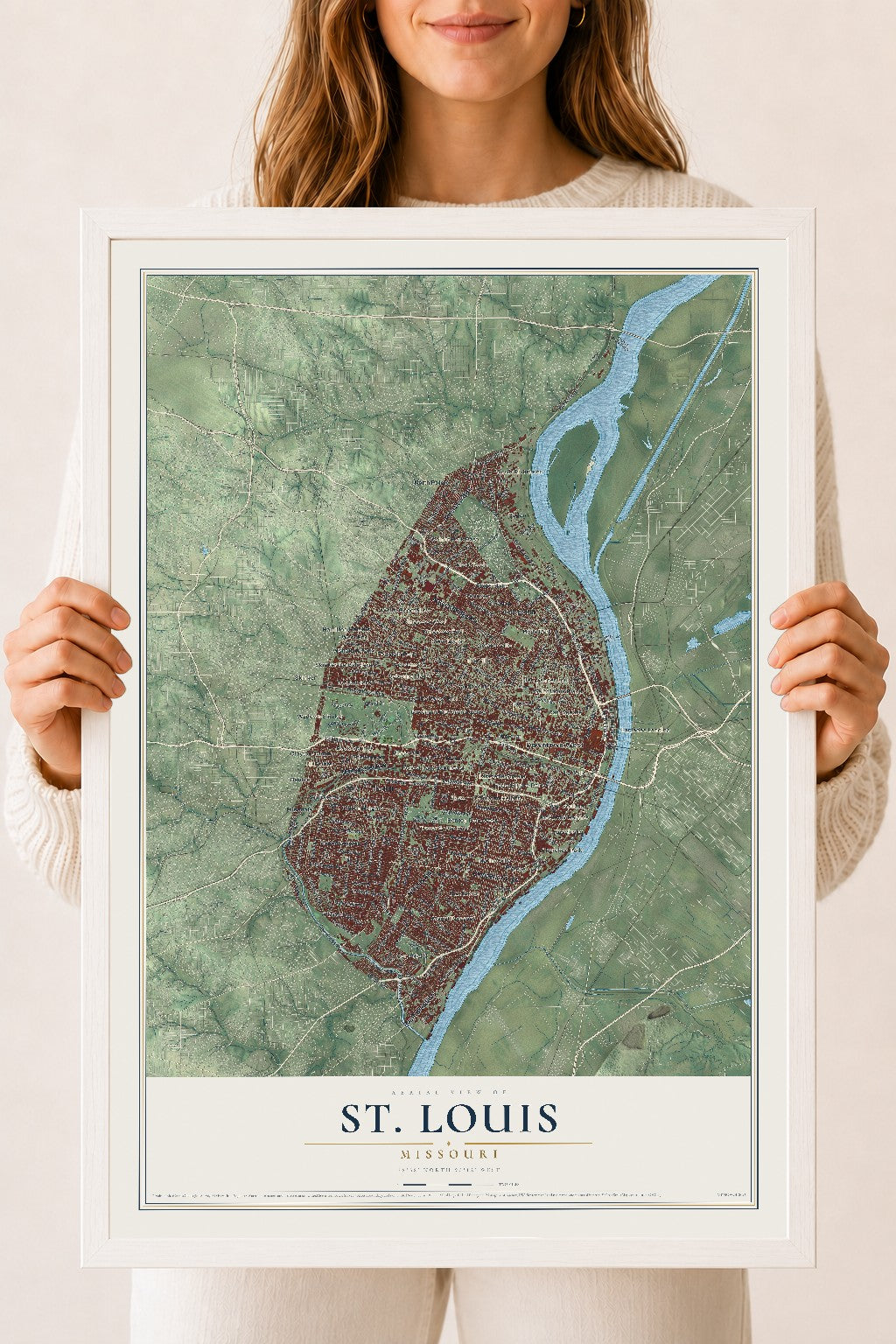 Map of St. Louis, Missouri, 18 x 24 inch print in a white wood frame
