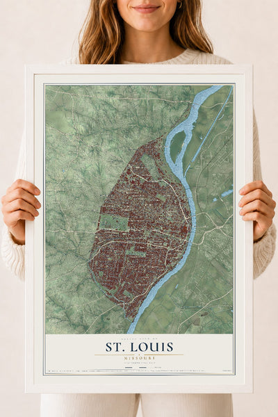 Map of St. Louis, Missouri, 18 x 24 inch print in a white wood frame