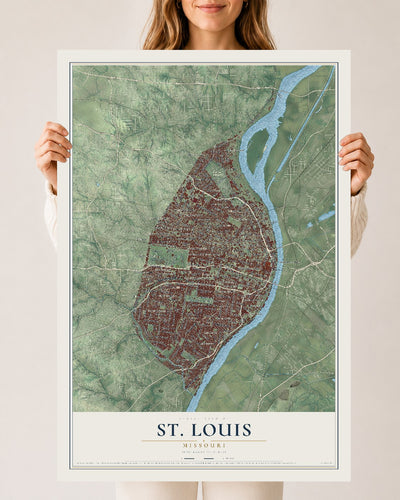Map of St. Louis, Missouri, 24 x 36 inch unframed archival matte print