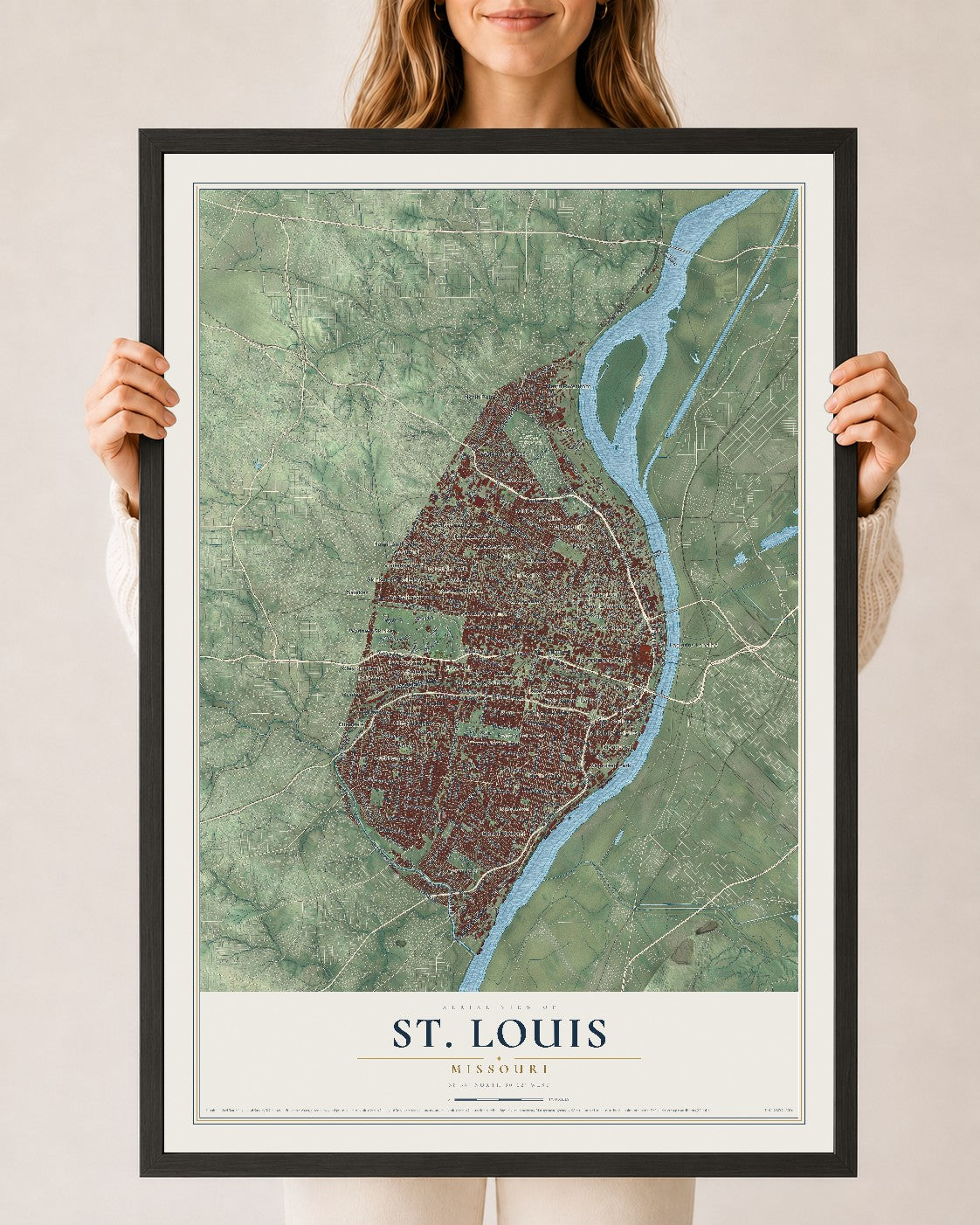Map of St. Louis, Missouri, 24 x 36 inch print in a black wood frame