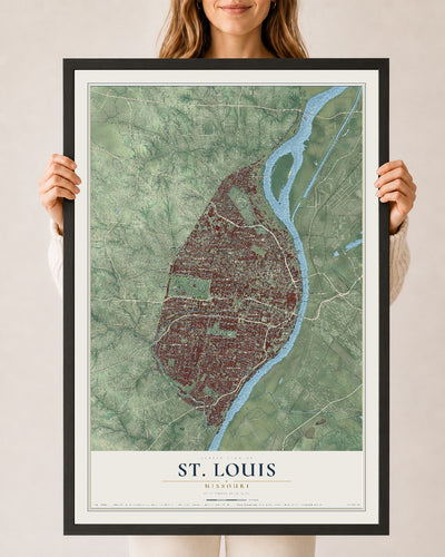 Map of St. Louis, Missouri, 24 x 36 inch print in a black wood frame