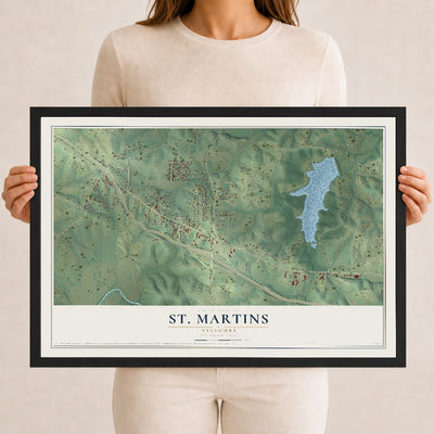 Map of St. Martins, Missouri, 12 x 18 inch print in a black wood frame