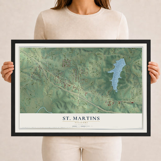 Map of St. Martins, Missouri, 12 x 18 inch print in a black wood frame