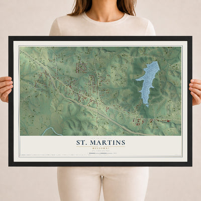 Map of St. Martins, Missouri, 18 x 24 inch print in a black wood frame