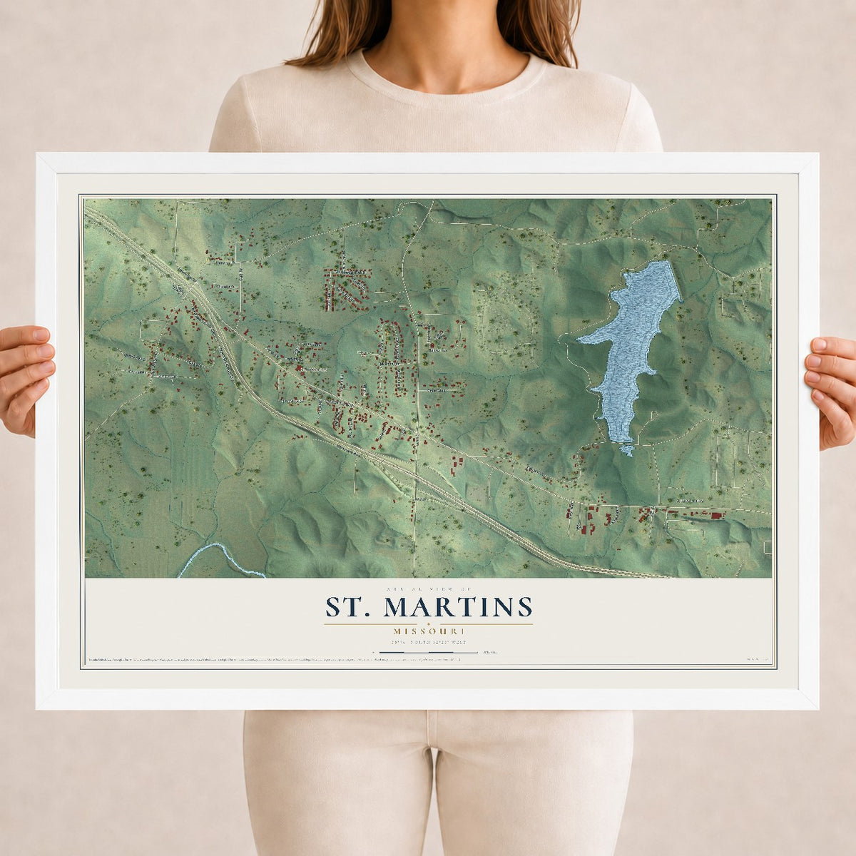 Map of St. Martins, Missouri, 18 x 24 inch print in a white wood frame