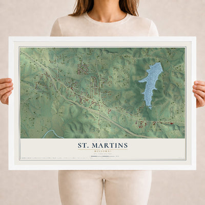 Map of St. Martins, Missouri, 18 x 24 inch print in a white wood frame