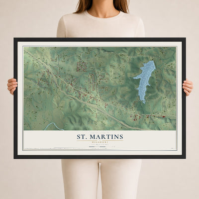Map of St. Martins, Missouri, 24 x 36 inch print in a black wood frame